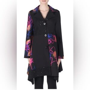 Joseph Ribkoff Black Coat with Colorful Patterns